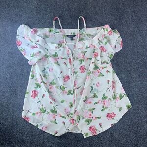Express Blouse Top Womens Small White Floral Strappy Cold Shoulder Button Up